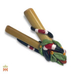 A bamboo kuripe intricately decorated with a colorful snake and leaf design wrapping around the base.